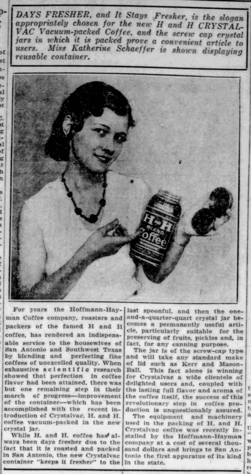 Crystalvac feature with Miss Katherine Schaeffer; The News (San Antonio), 9 Jul 1932, page 7