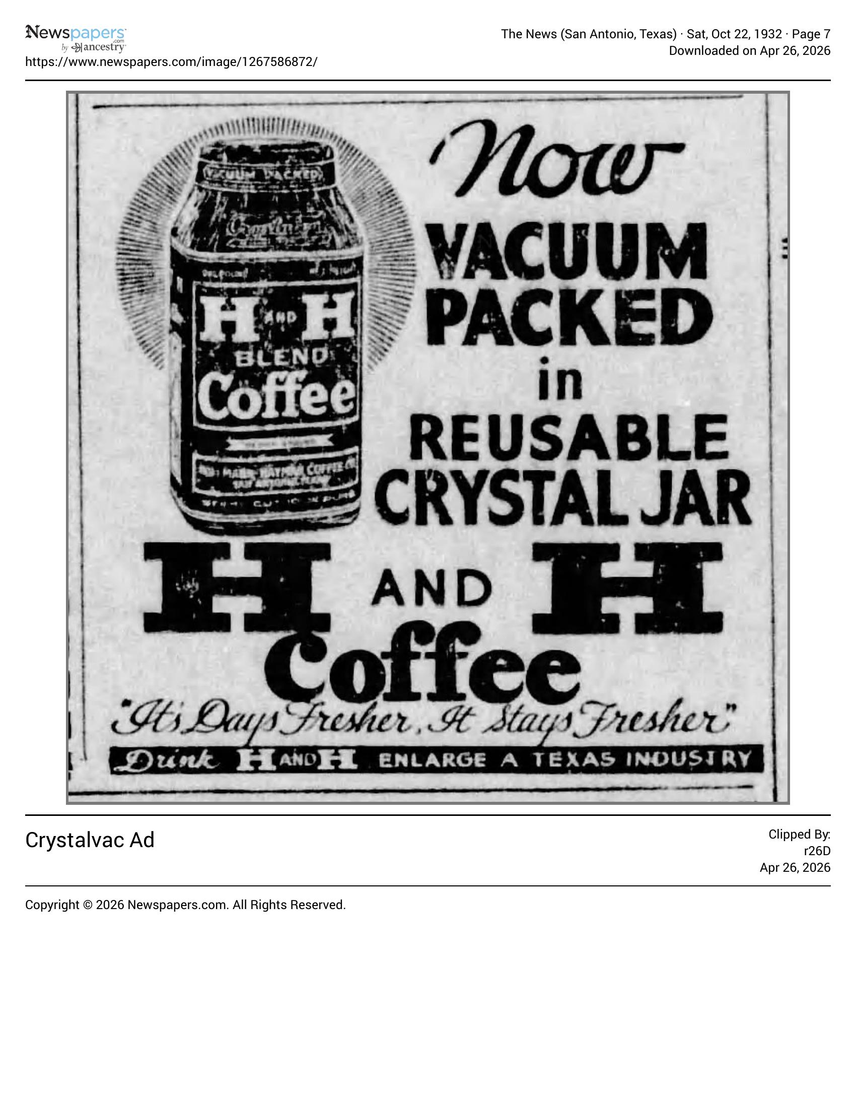 Display ad — Crystalvac jar and H and H Blend; The News, 22 Oct 1932, page 7