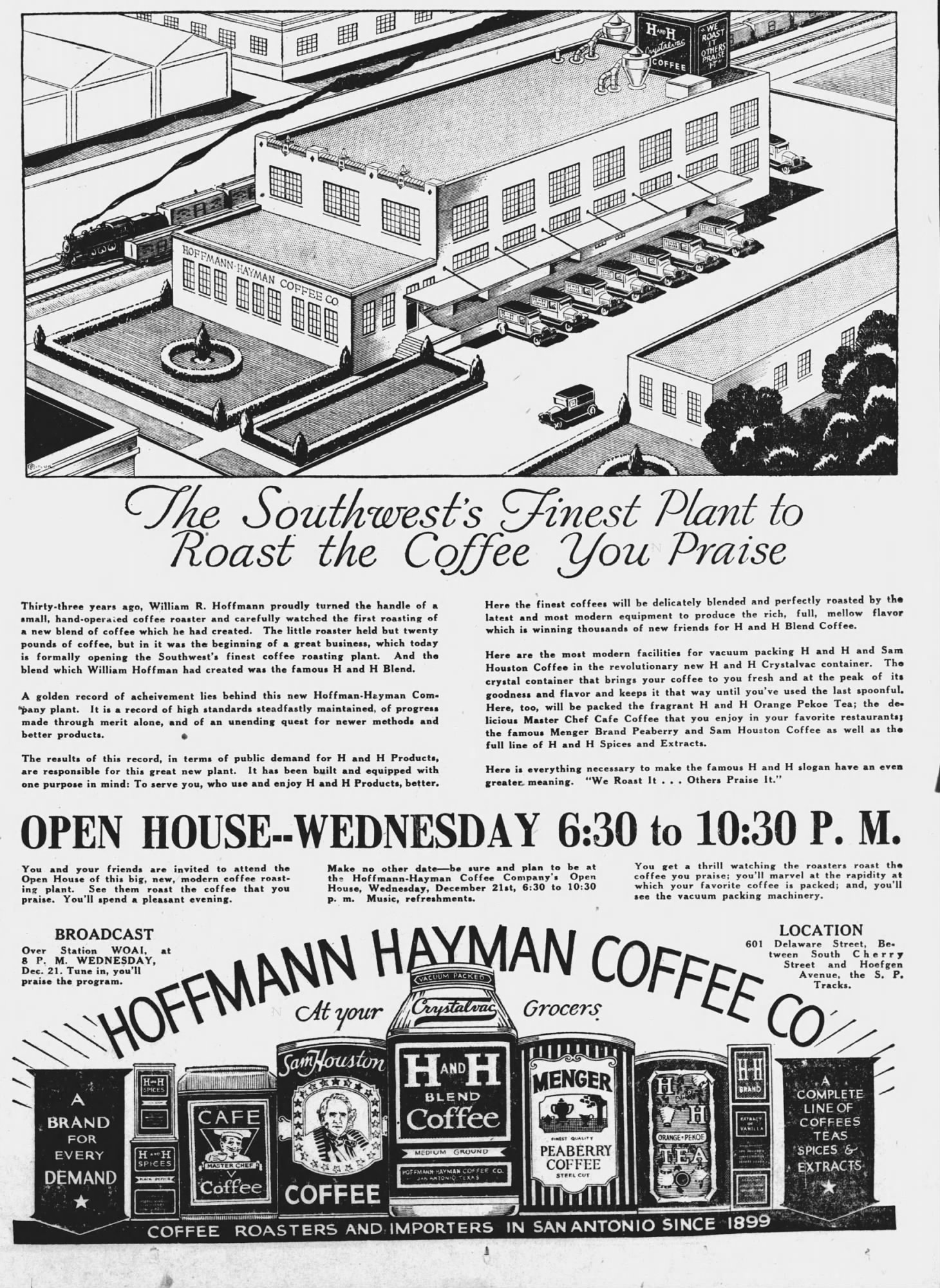 Full-page Hoffmann-Hayman open-house ad with plant rendering and product line — Express-News, 21 Dec 1932, page 5
