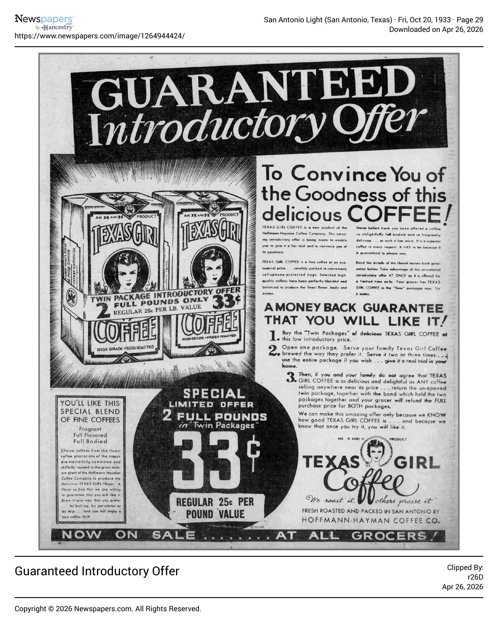Display ad — Texas Girl twin-package introductory price; San Antonio Light, 20 Oct 1933, page 29