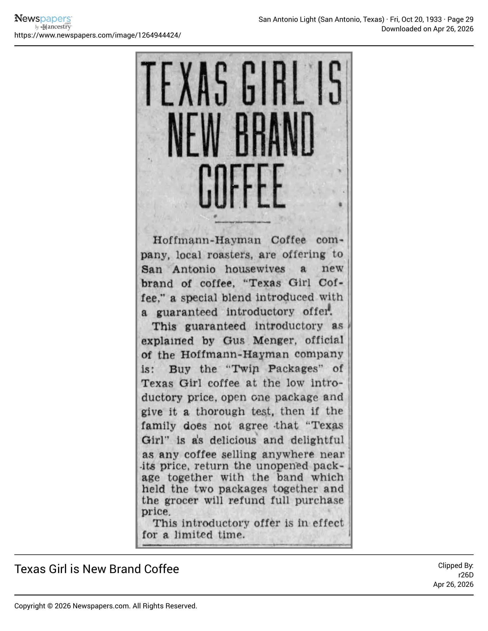 Column: Texas Girl is new brand coffee; San Antonio Light, 20 Oct 1933, page 29