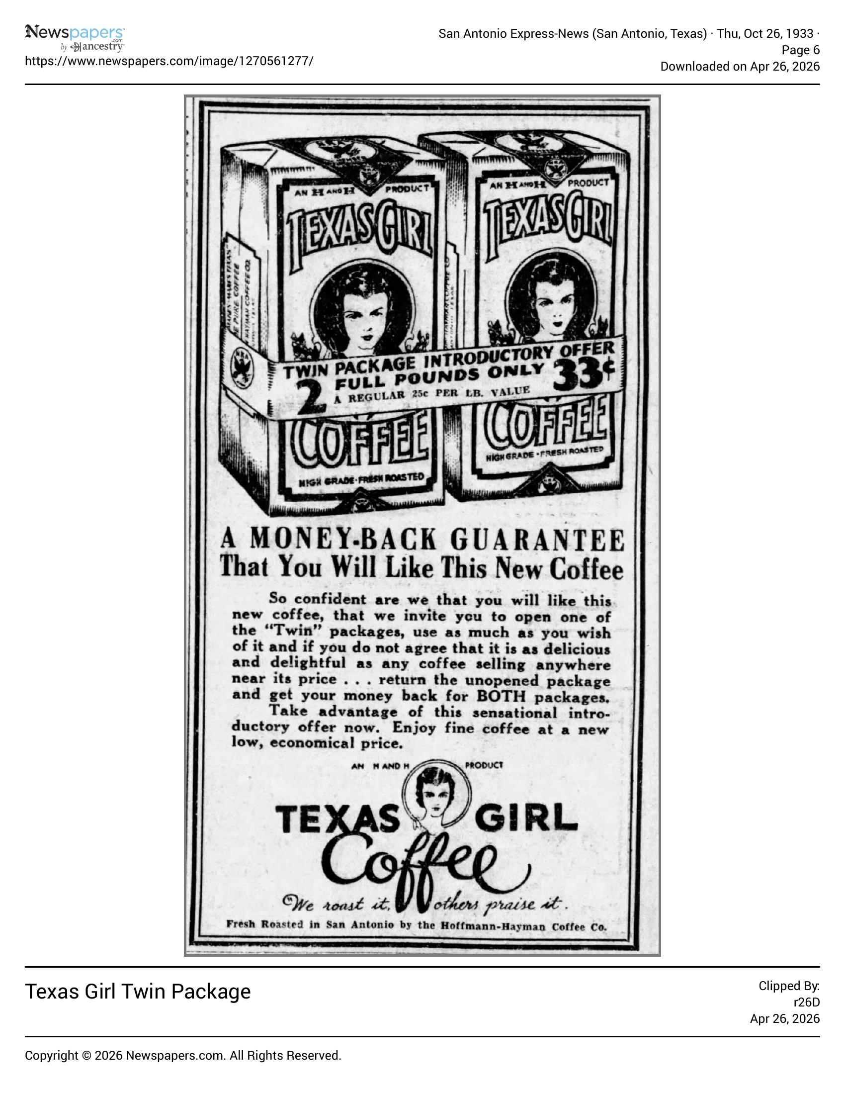 Texas Girl twin-tin display; "money-back guarantee" copy; Express-News, 26 Oct 1933, page 6