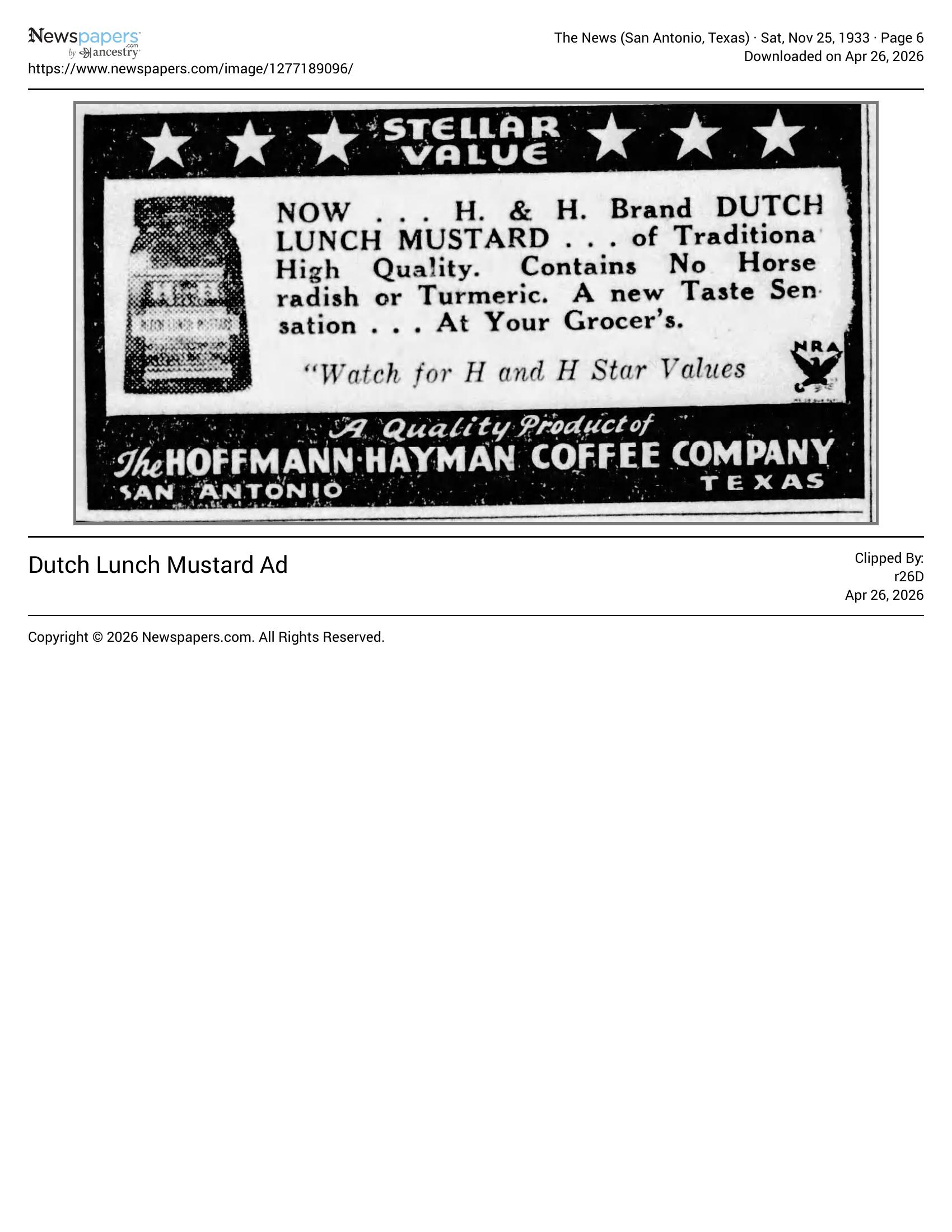 Stellar Value display — H and H Dutch Lunch Mustard jar; The News, 25 Nov 1933, page 6