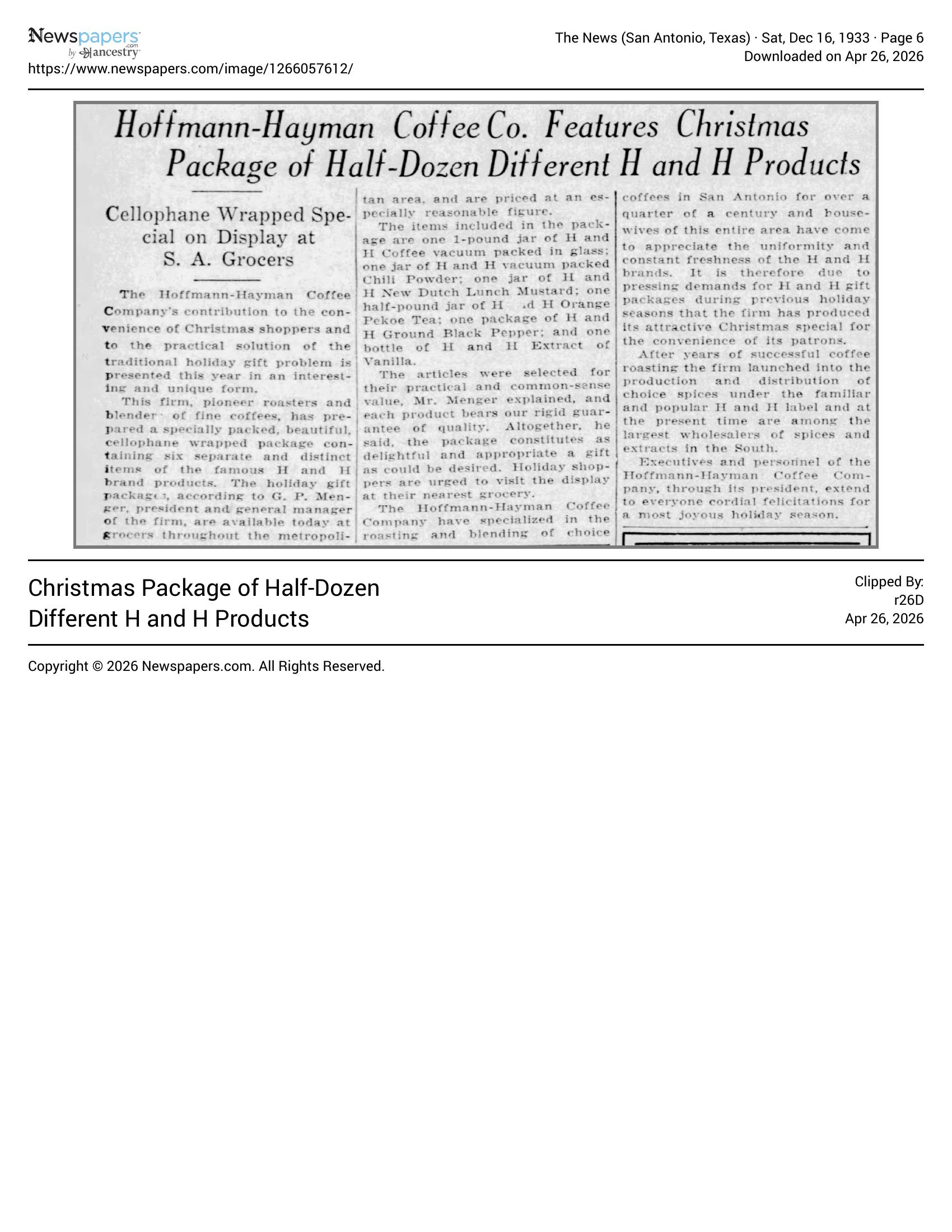 Feature on Hoffmann-Hayman Christmas gift package; The News, 16 Dec 1933, page 6