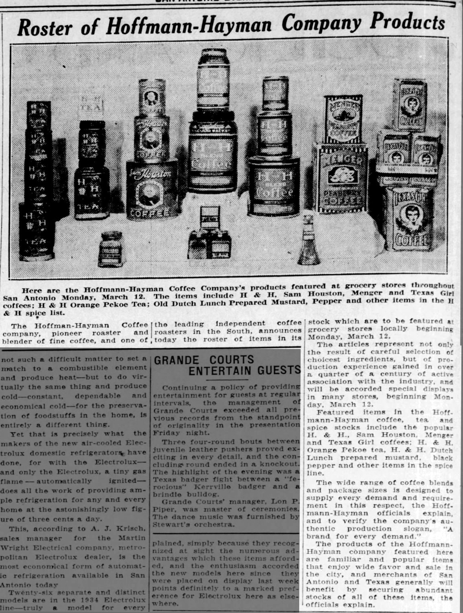 Full-page roster of Hoffmann-Hayman Company Products with headline, product display photo, and column text, The News, 10 Mar 1934