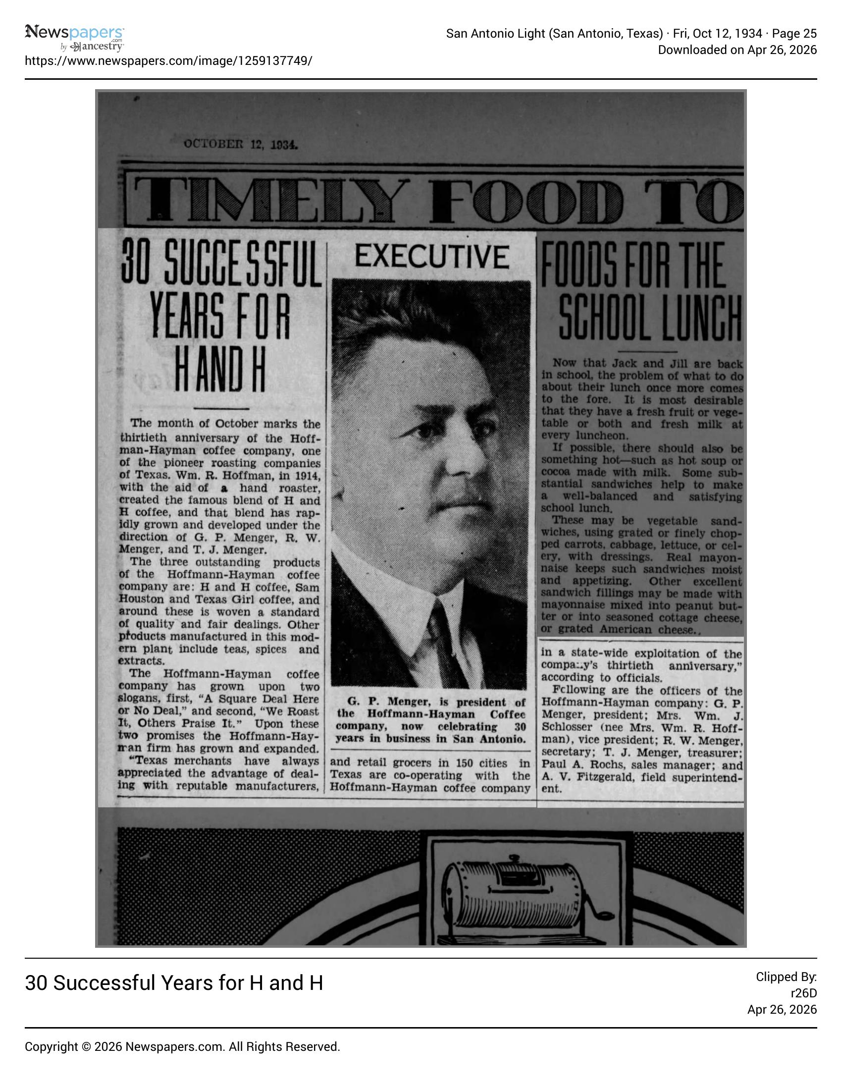 Newspaper clipping: San Antonio Light, 12 Oct 1934 — “30 successful years for H and H,” portrait of G. P. Menger, hand-roaster illustration, officer list