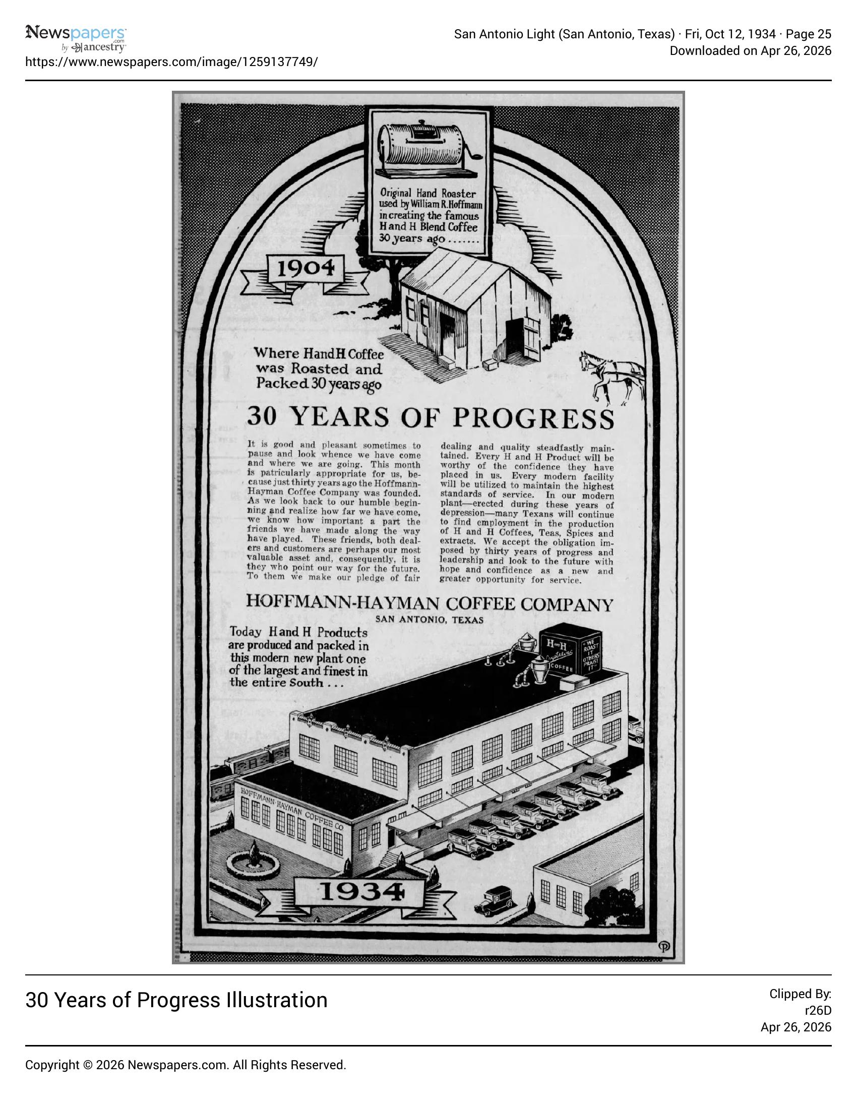 30 Years of Progress — Hoffmann–Hayman display: 1904 shack and hand roaster vs 1934 plant; San Antonio Light, 12 Oct 1934, page 25