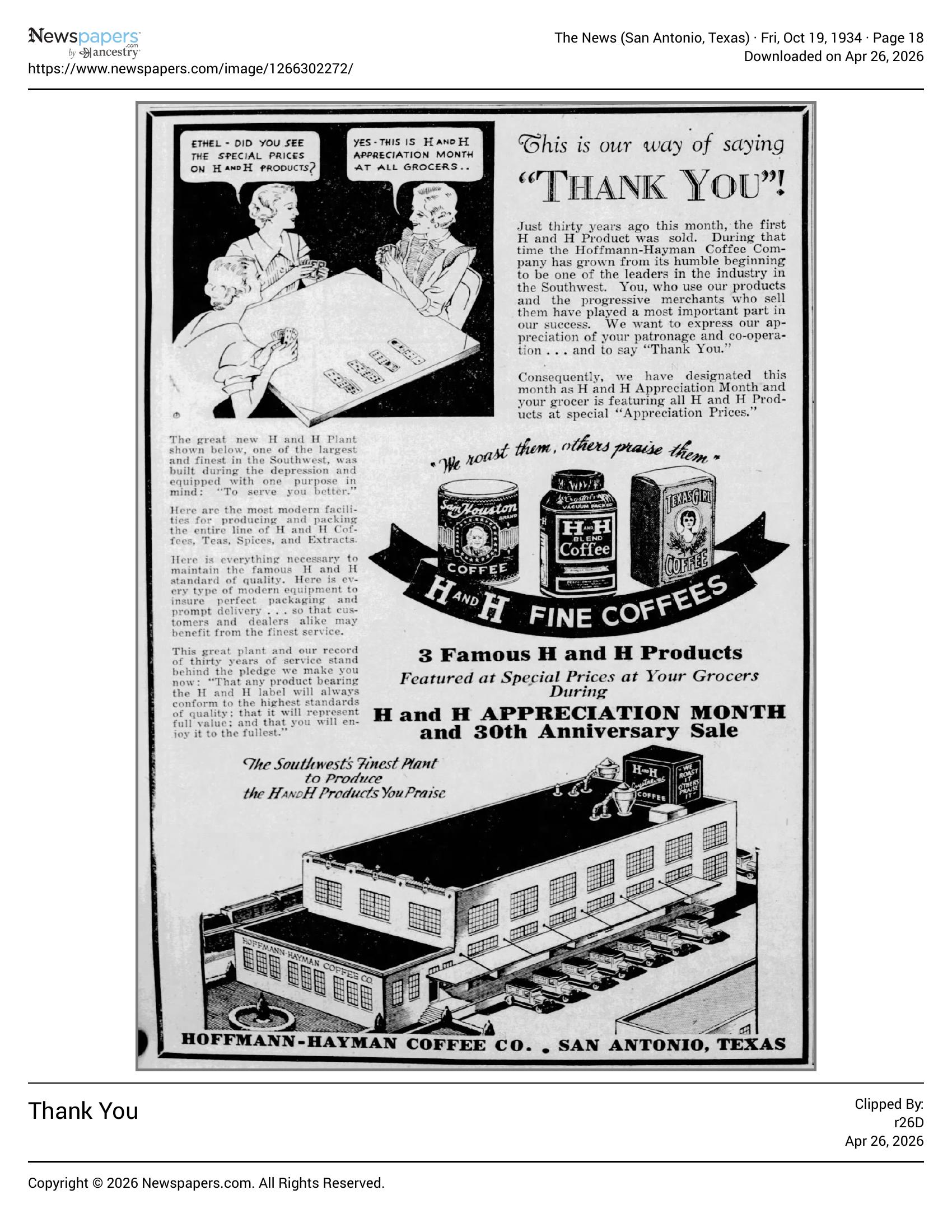 H and H Appreciation Month display; 30th anniversary, plant, products; The News, 19 Oct 1934, page 18