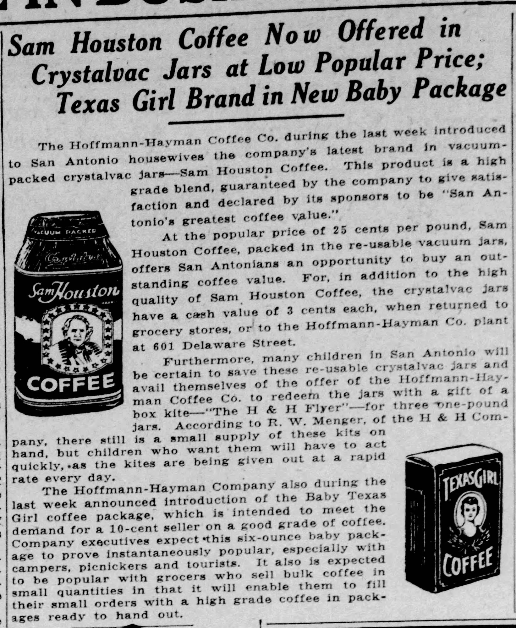 Sam Houston Coffee Now Offered in Crystalvac Jars — The News, 9 March 1935