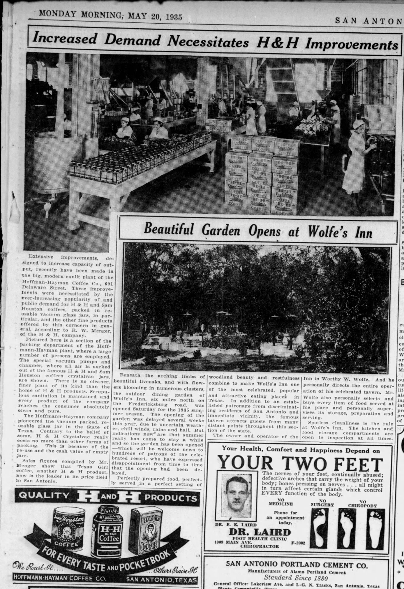 Packing department, vacuum equipment, and page ads — Express-News, 20 May 1935, page 7