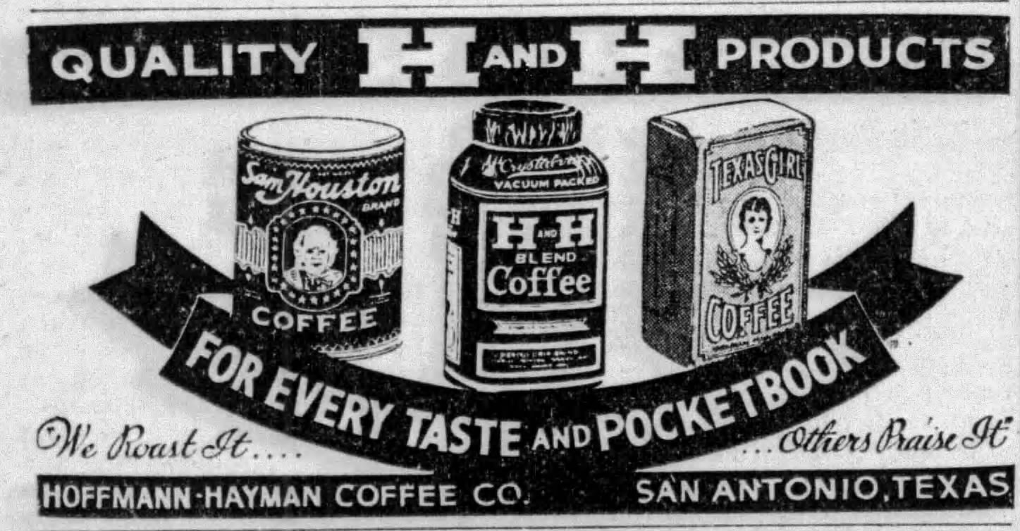 Three-product spread — Sam Houston tin, vacuum-packed H and H Blend jar, Texas Girl pack — Express-News, 22 Jul 1935, page 7