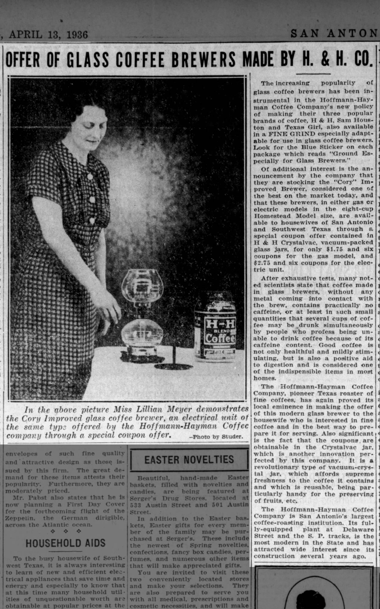 Offers of Glass Coffee Brewers Made by H & H Coffee — San Antonio Express-News, 13 April 1936