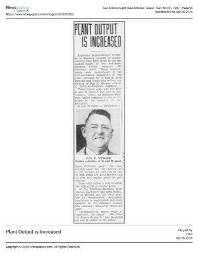 News item with portrait of Gus P. Menger; San Antonio Light, 21 Nov 1937, page 98