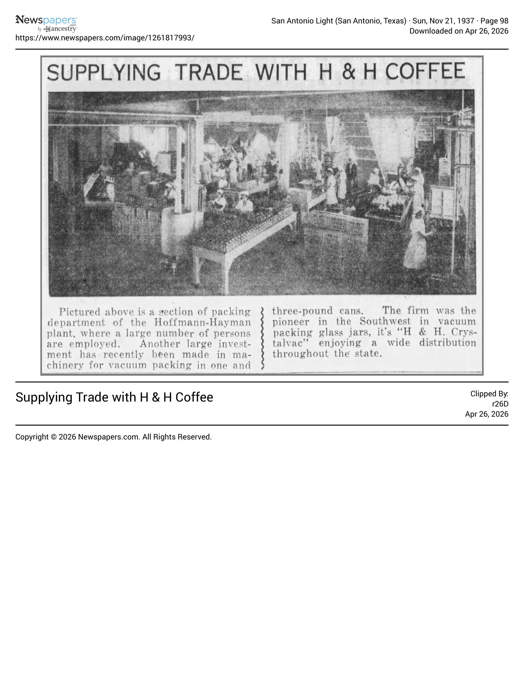News photo of Hoffmann–Hayman packing department with two-column caption on vacuum and Crystalvac; San Antonio Light, 21 Nov 1937, page 98