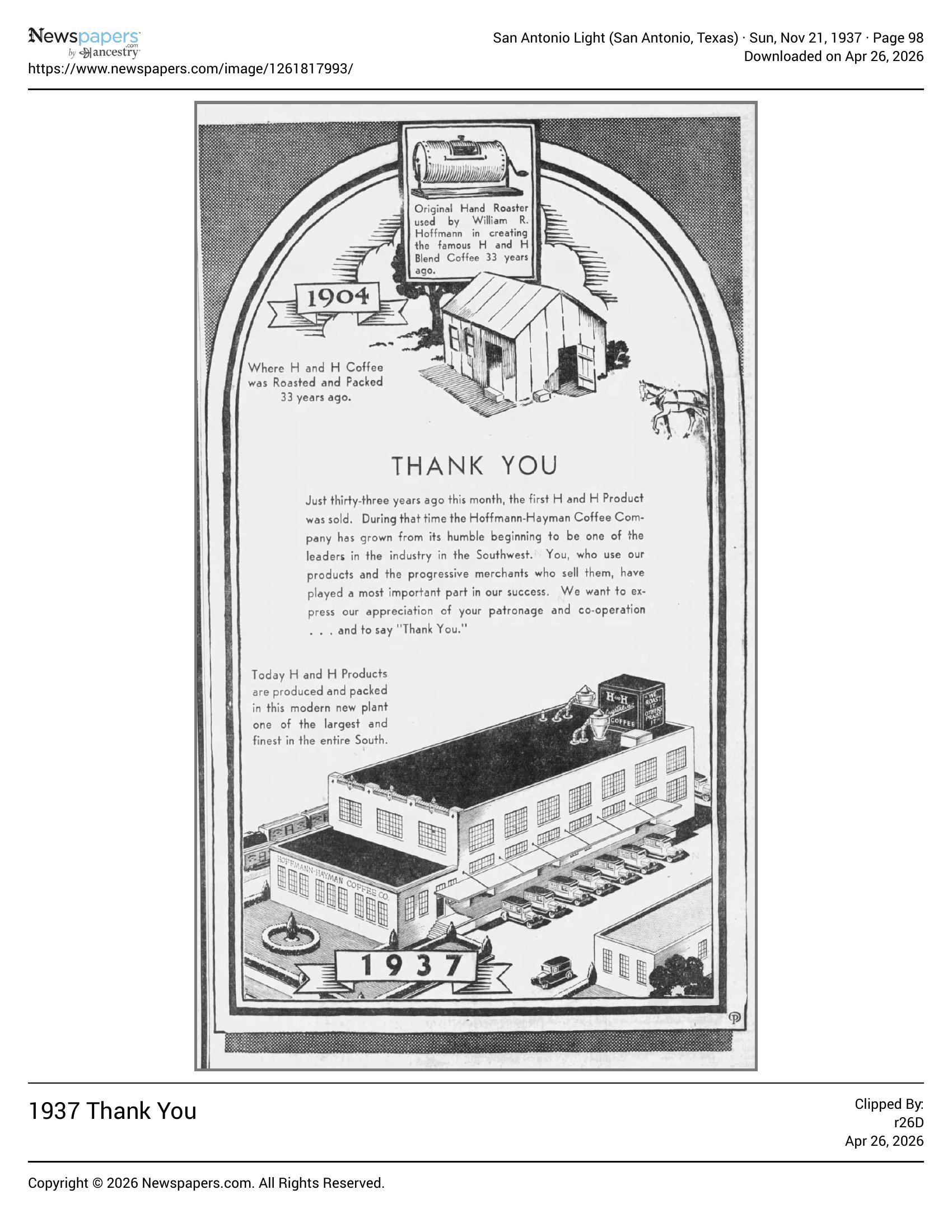 Thank You display — 1904 vs 1937 plant, Hoffmann–Hayman; San Antonio Light, 21 Nov 1937, page 98