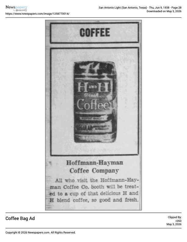 San Antonio Light — coffee bag / booth advertisement, 9 June 1938