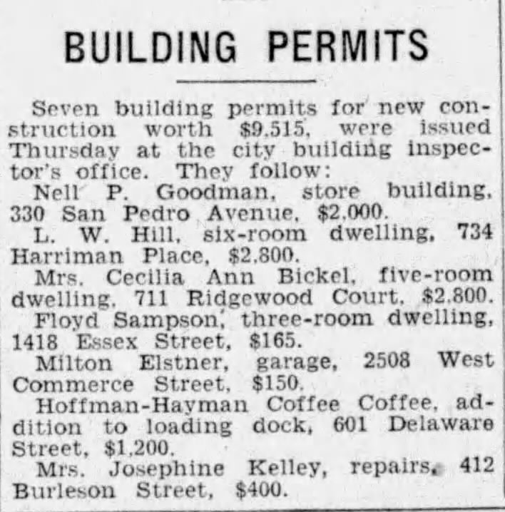 Newspaper “Building permits” brief listing seven projects including Hoffmann-Hayman addition at 601 Delaware Street