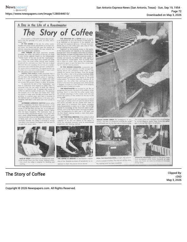 San Antonio Express-News — The Story of Coffee feature, 19 September 1954