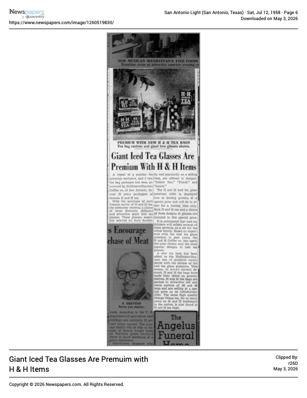 San Antonio Light — H & H tea premium iced-tea glasses, 12 July 1958