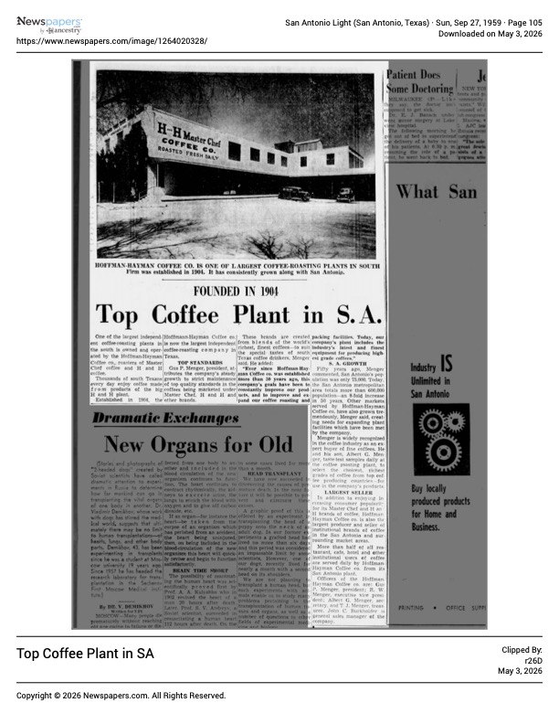 San Antonio Light — Top Coffee Plant feature with Master Chef sign, 27 September 1959