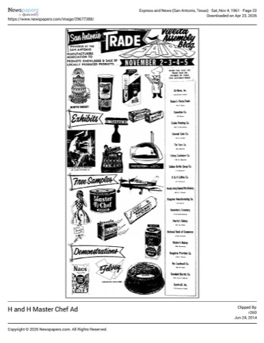San Antonio Trade Fair ad — H & H Coffee Co. at 311 N. Mesquite; Express and News, 4 Nov 1961, page 22