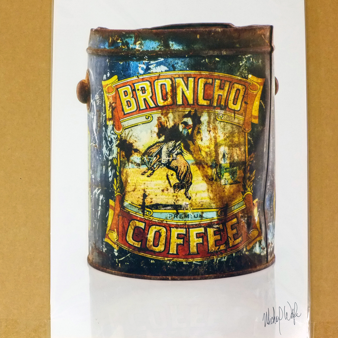 Broncho Coffee tin, Art of the Pick signed 12×18, Mike Wolfe margin signature