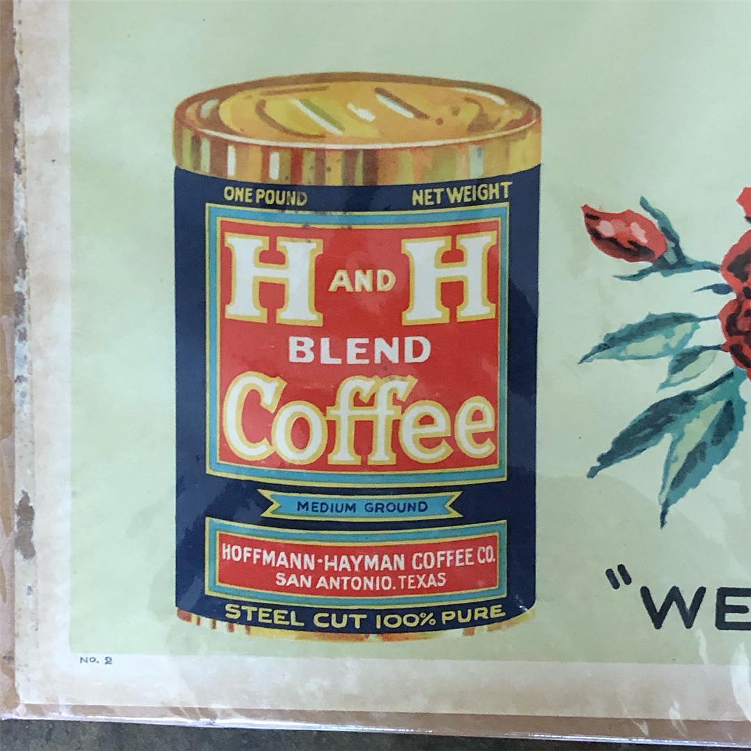 Detail of the painted H and H Blend Coffee tin and the "NO. 2" stock mark on the H and H Coffee cardboard litho sign.