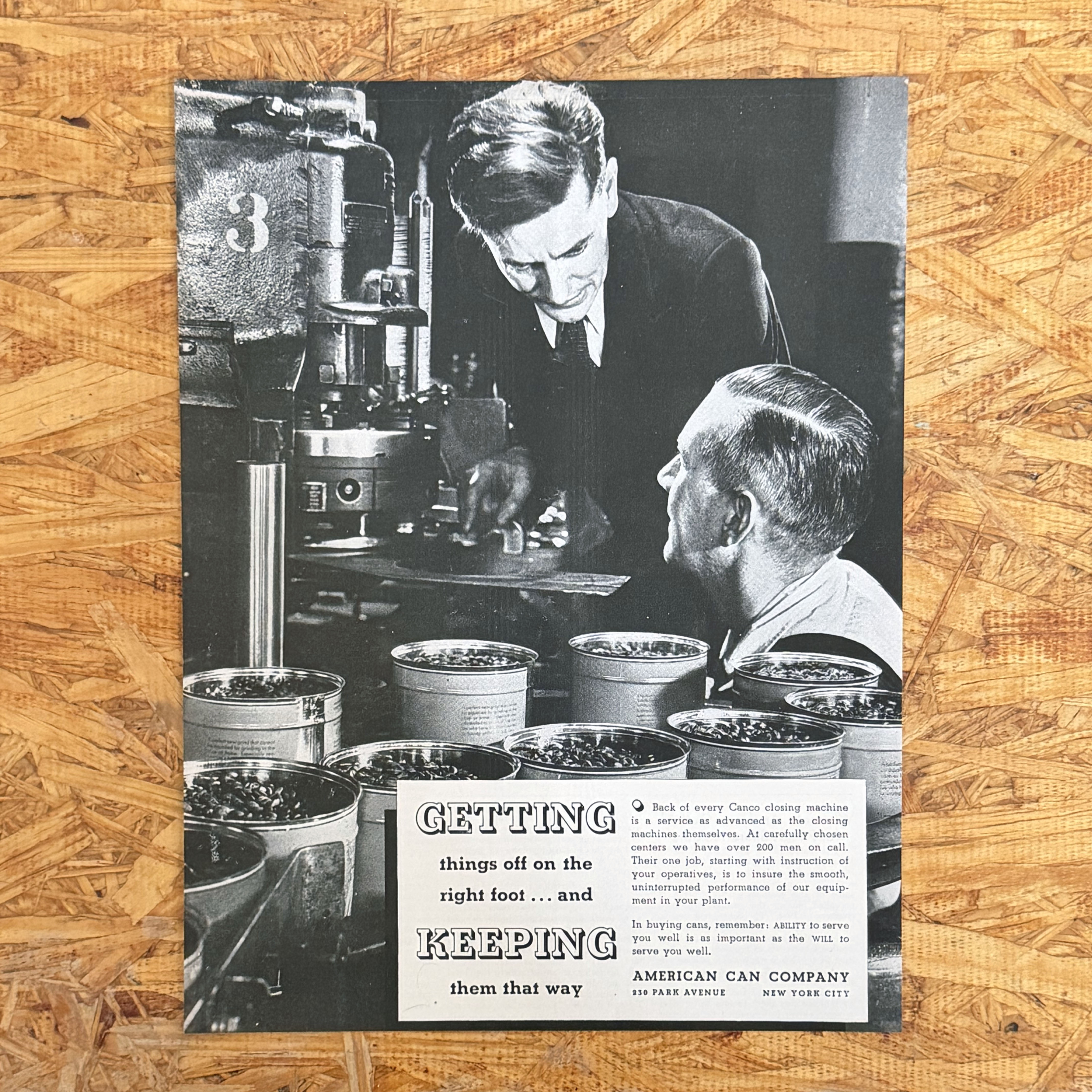 American Can Company 1934 Trade Ad — Closing Machine, Factory Floor, ‘Getting Things Off on the Right Foot’
