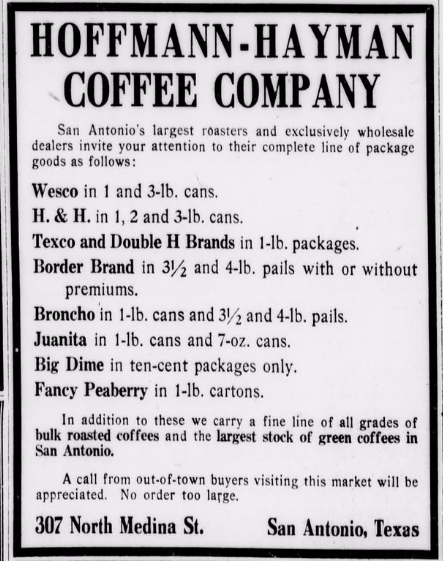Bordered list: Wesco, H. & H., Texco, Double H, Border, Broncho, Juanita, Big Dime, Peaberry; 307 North Medina