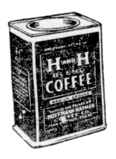 Tight crop on H and H Blend Coffee rectangular tin line block from "The Whole Truth About H and H Coffee" display, 14 Mar 1924 San Antonio Light