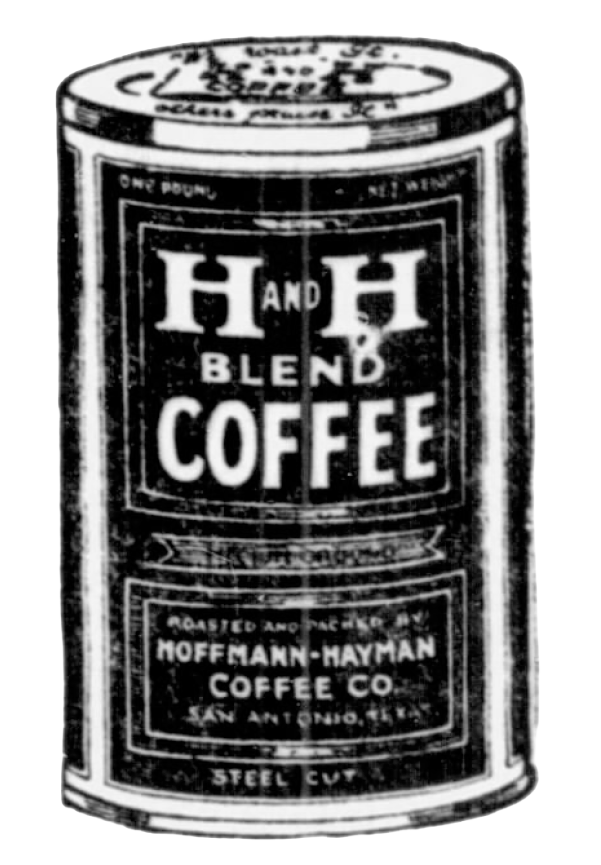 Tight crop on the H and H Blend Coffee round steel-cut tin line block from the 5 Dec 1924 News display ad — one-pound net weight panel with Hoffmann-Hayman slug