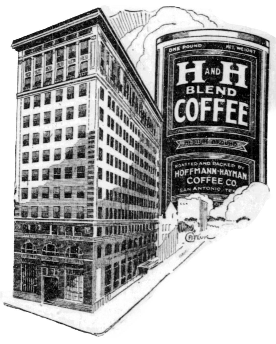Tight crop on the cooperative ad illustration — twelve-story City National Bank building on the left, towering H and H Blend Coffee one-pound round tin rising on the right above scrolling clouds, with the Hoffmann-Hayman slug on the can wrap, 16 Dec 1924 Express-News