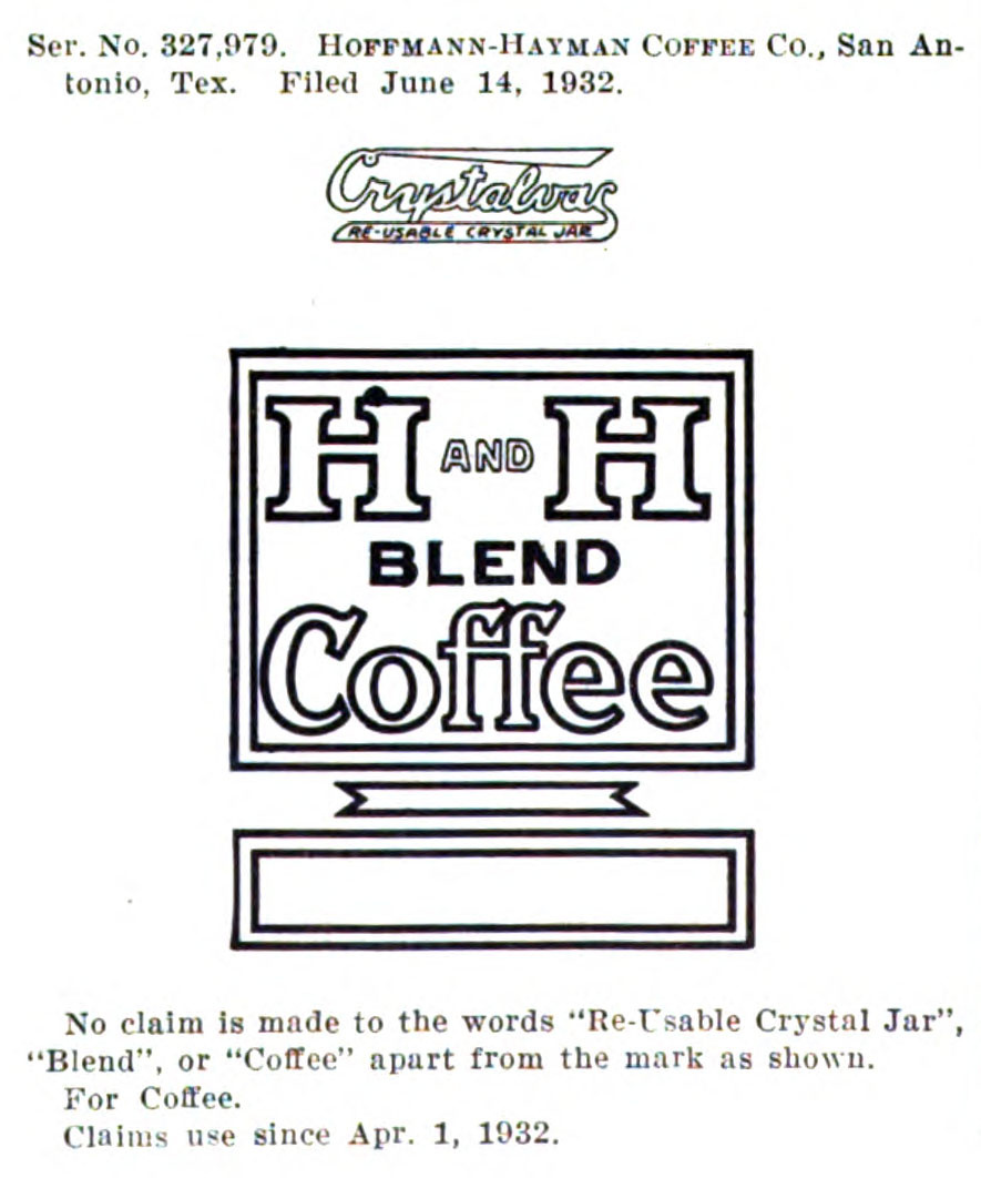 Crystalvac and H AND H BLEND Coffee trademark drawings, Official Gazette, 29 Nov 1932