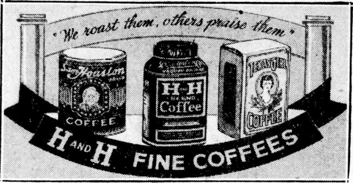 Popular Trio of H. & H. Products pillar art — Sam Houston tin, H-H Crystalvac jar, Texas Girl bag — flanked by banner and "H AND H FINE COFFEES" — The News, 26 May 1934