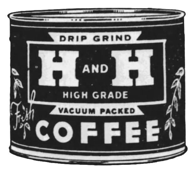 Illustrated cylindrical H and H tin — drip grind ribbon, H AND H high grade block, vacuum packed ribbon, large COFFEE, fresh script and leaf ornaments