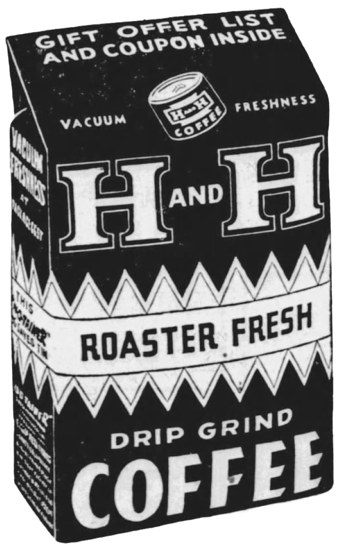 Flav-O-Tainer pack illustration — coupon flap, vacuum freshness seal with tin vignette, H AND H, Roaster Fresh band, drip grind coffee