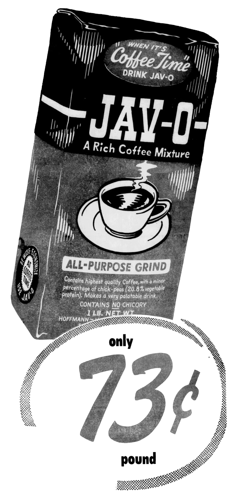 Jav-O Rich Coffee Mixture bag panel from Handy-Andy co-op ad, San Antonio Light, 8 Jul 1954
