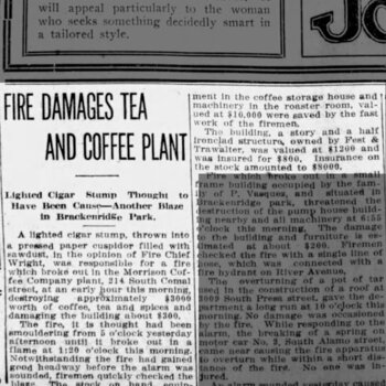 Newspapers.com PDF export of **San Antonio Light** (**Wednesday 13 August 1913**, page 12) — headline **Fire Damages Tea and Coffee Plant** covering fire damage at a San Antonio tea/coffee works (period reporting adjacent to Hoffmann-Hayman factory coverage). Reference documentation only — not an object in the project collection.