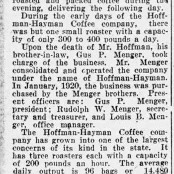Newspapers.com PDF export of **San Antonio Light** (**Sunday 14 August 1921**, page 41) — headline **Hoffmann-Hayman Company Pioneer Concern of Kind** profiling the Hoffmann-Hayman coffee business and its place among local manufacturers. Reference documentation only — not an object in the project collection.