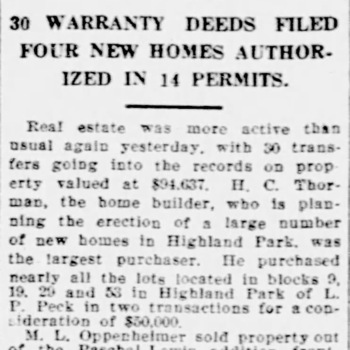 1922 Express-News realty column — W. E. Hayman sells Highland Park lot