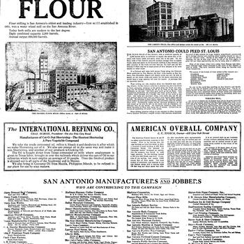 Full newspaper page from a 52-part San Antonio Manufacturers advertising series, headlined FLOUR, with a bottom directory box listing San Antonio manufacturers and jobbers including the Hoffman-Hayman Coffee Company