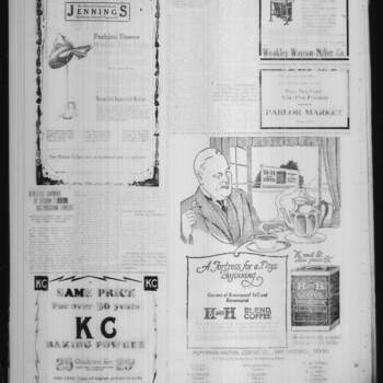 Half-page H. & H. Blend Coffee ad on page 2 of the Brownwood Bulletin, 20 April 1923; illustration of a man enjoying coffee with the H+H can on a shelf, vacuum-pack can image, and a list of Brownwood grocers selling the brand