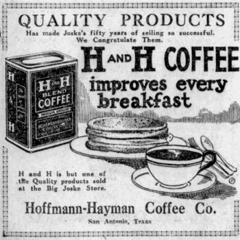 1923 San Antonio Light trade ad — H and H Coffee congratulates Joske's fifty years