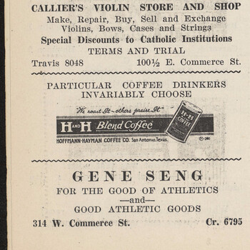 The Rattler (St. Mary's College, San Antonio), 9 Mar 1926, page 4 — Hoffmann-Hayman H and H Blend display ad between Callier's Violin Shop and Gene Seng athletic goods ads