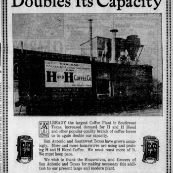 Newspapers.com PDF export of **San Antonio Light** (**Sunday 28 November 1926**, page 4) — headline **The Largest Coffee Plant...** with article on scale of local coffee manufacturing (Hoffmann-Hayman Delaware Street plant era). Reference documentation only — not an object in the project collection.
