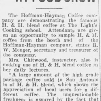 Newspapers.com PDF export of **San Antonio Light** (**Thursday 7 April 1927**, page 13) — coverage **H and H Coffee At Food Show** naming **H and H** / Hoffmann-Hayman participation in a food exposition. Reference documentation only — not an object in the project collection.