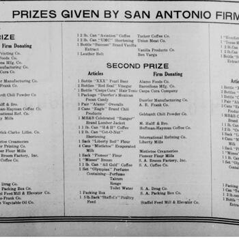 Newspaper page listing First, Second, and Third prize items donated by San Antonio firms, including a can of H and H Coffee donated by the Hoffman-Hayman Coffee Co.