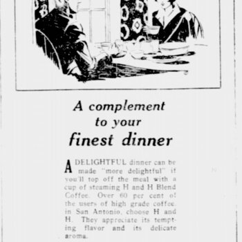 Newspapers.com PDF export of **San Antonio Express-News** (**Wednesday 6 February 1929**, page 12) — piece **A complement to your finest dinner** (period meal/coffee advertising context for Hoffmann-Hayman lines). Reference documentation only — not an object in the project collection.