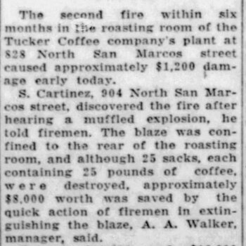 Newspapers.com PDF export of **The News** (San Antonio, **Thursday 7 January 1932**, page 24) — headline **Fire Damages Tucker Coffee Plant 2D Time** on repeat fire damage at Tucker Coffee (San Antonio coffee industry context alongside Hoffmann-Hayman plant reporting). Reference documentation only — not an object in the project collection.