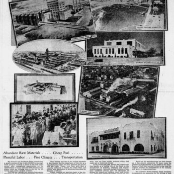 Newspapers.com PDF export of **San Antonio Express-News** (**Sunday 23 July 1933**, page 5) — headline **San Antonio Has Ideal Manufacturing Conditions** with reporting on local industry advantages (includes Hoffmann-Hayman / manufacturing context). Reference documentation only — not an object in the project collection.